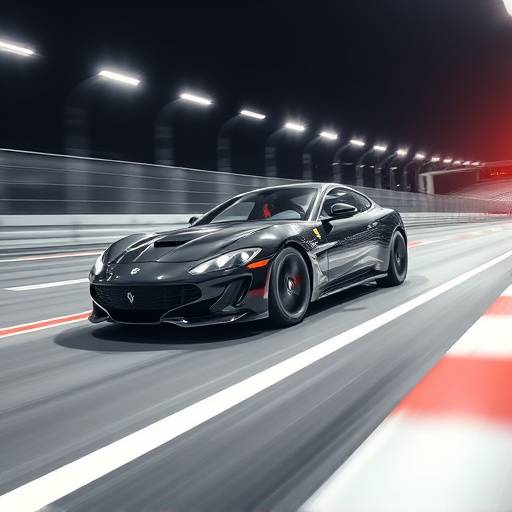 Action shot from 'Speed Demon Motors' commercial, produced at Starlight Studios, showing a sleek car speeding on a track.