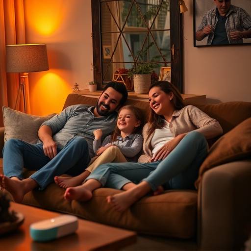 Promotional ad for 'Cozy Comfort Furniture,' shot at Starlight Productions, depicting a family relaxing on a comfortable sofa.