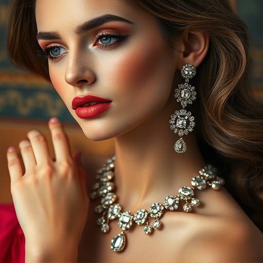 Stylish shot from a 'Glamour Gems Jewelry' commercial, highlighting sparkling jewelry with elegant models.